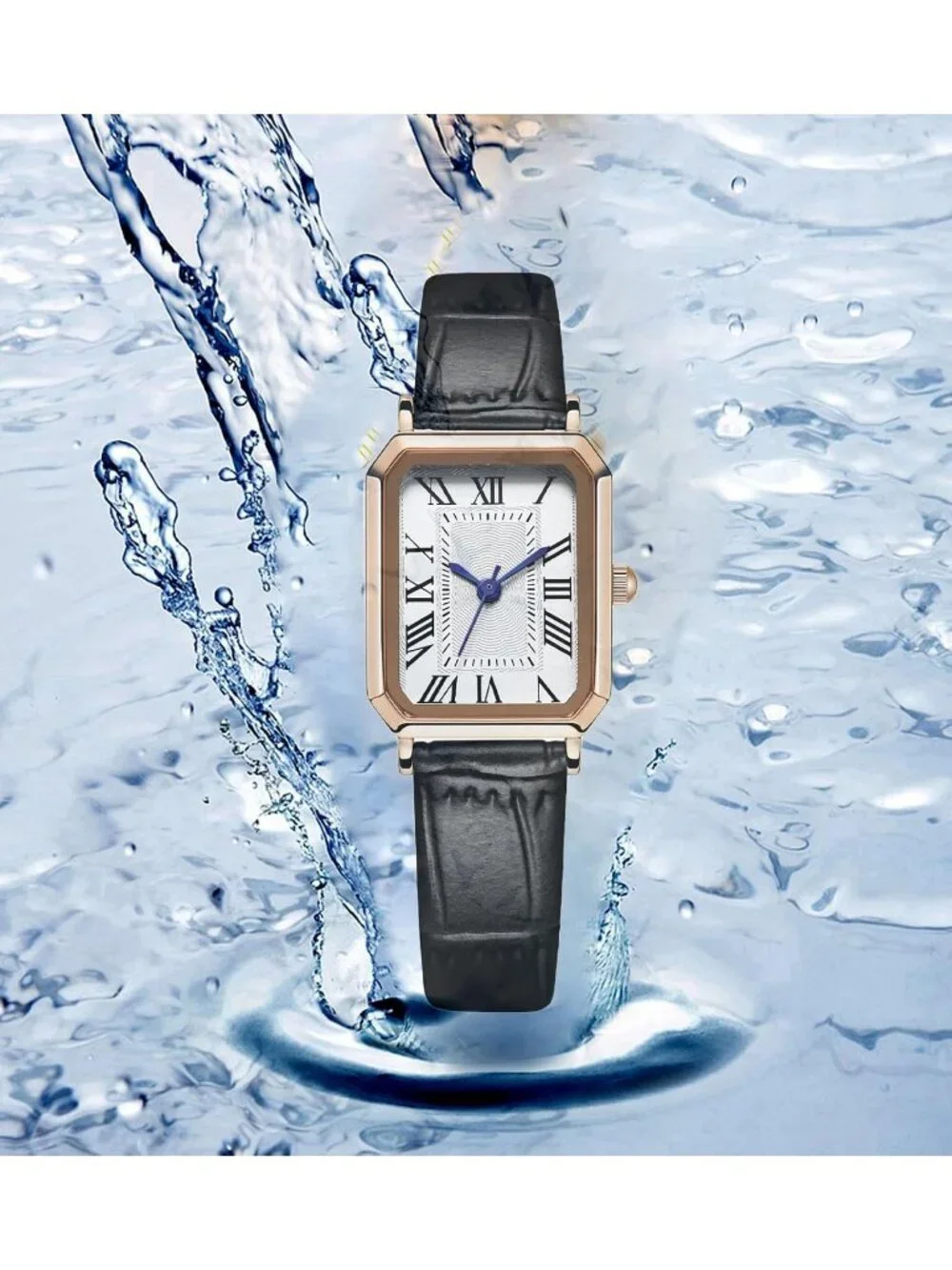 Women's Black Rose Gold White Leather Strap Elegant Vintage Rectangle Wristwatch